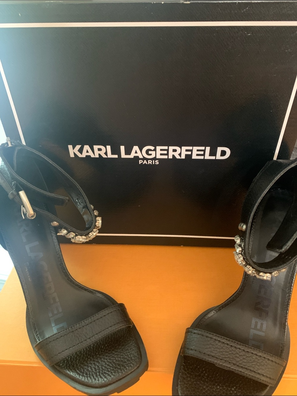 Karl Lagerfeld Black Leather Rhinestone Ankle-Strap Heels